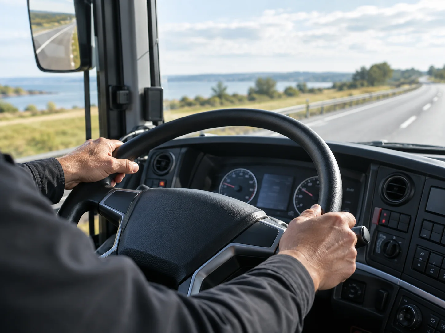 Chauffør ved rattet i en bus