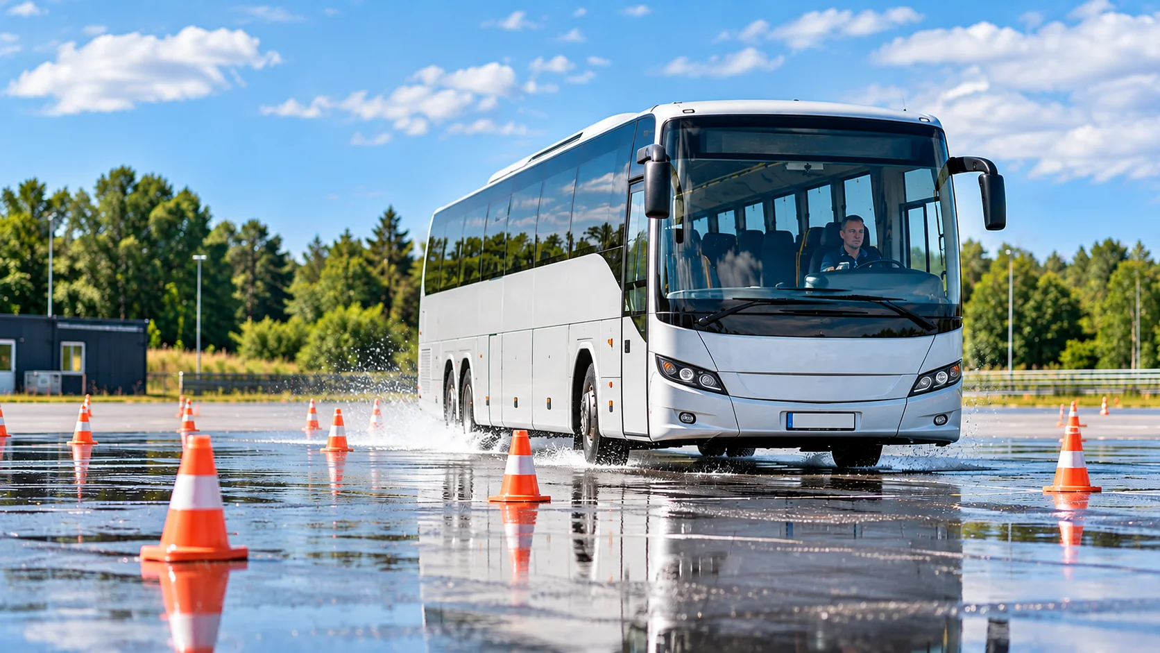 Bus på køreteknisk bane mellem kegler