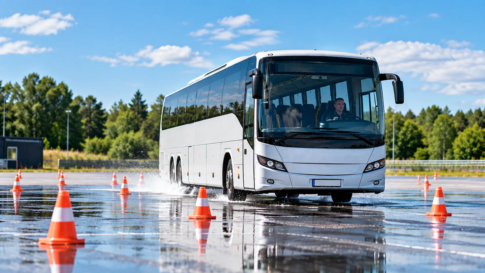 Neutral bus på en våd køreteknisk bane